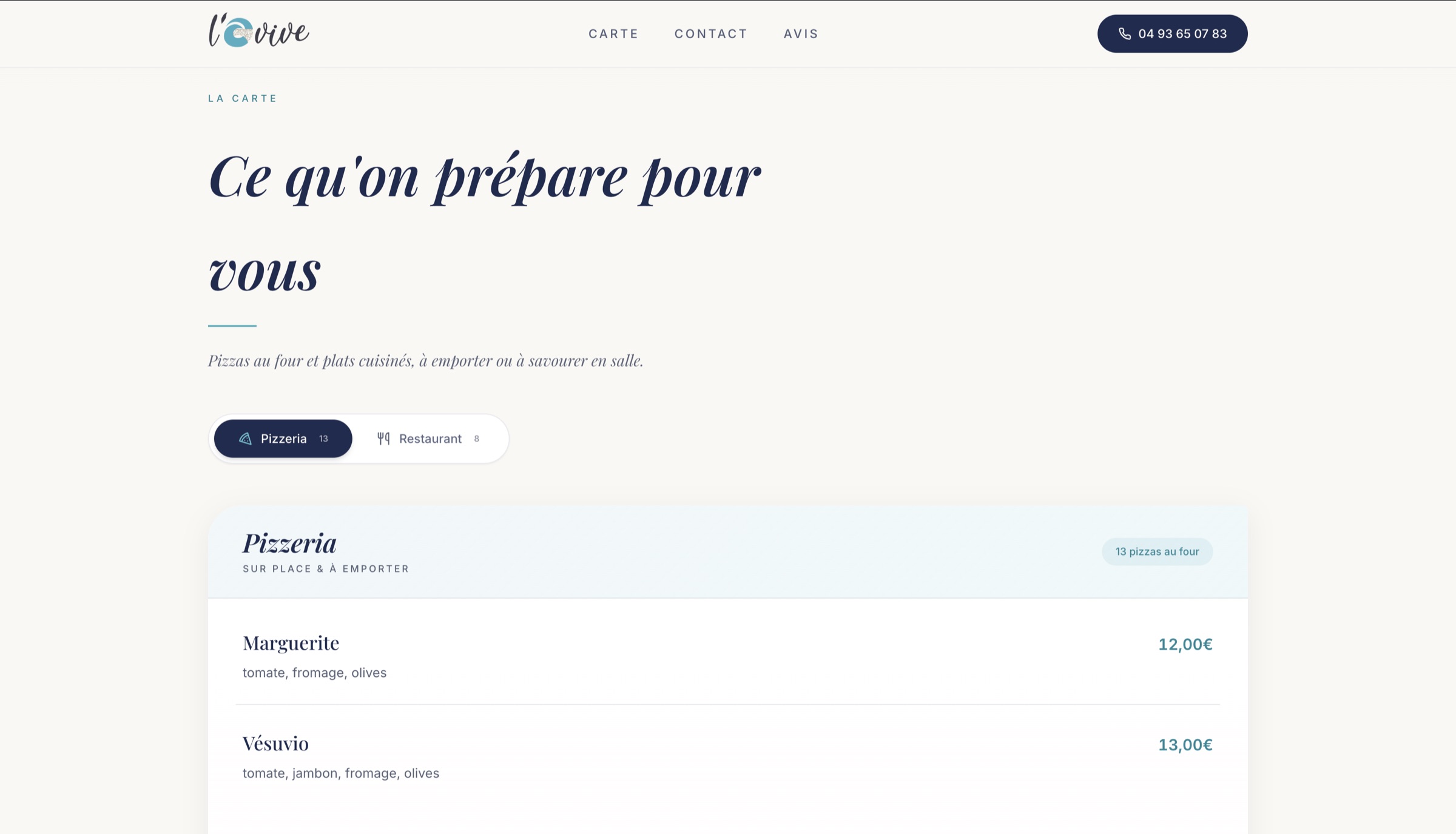 Carte — Pizzeria 13 pizzas et Restaurant 8 plats