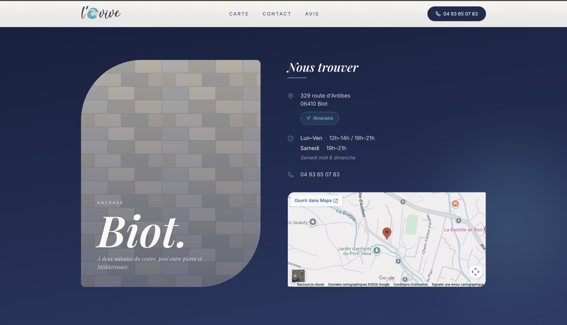 Nous trouver — Adresse Biot et carte interactive